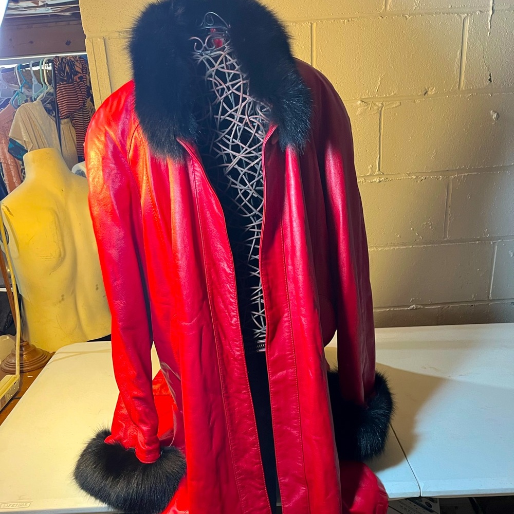 Henig furs long red leather jacket w/ fur trimmings